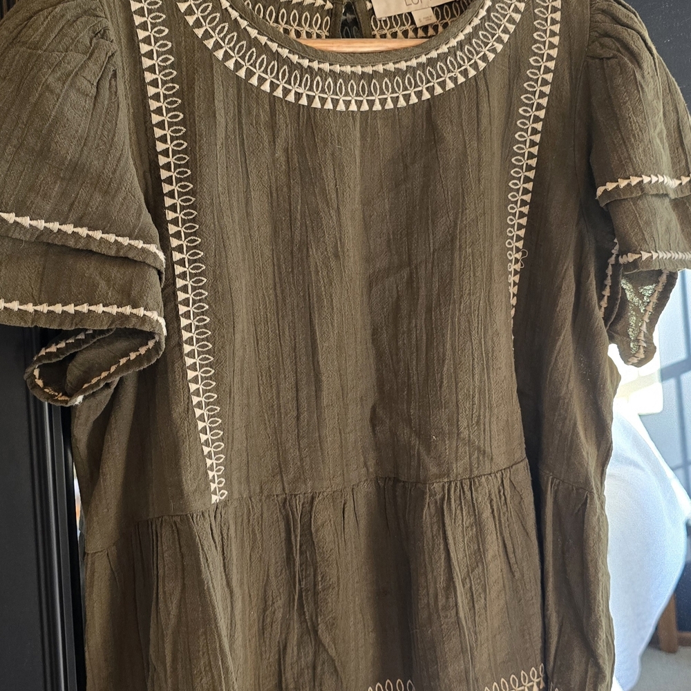 LOFT Olive Green Embroidered Women's Top Sz S